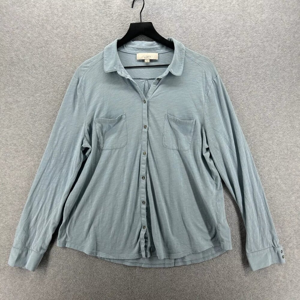 Taylor LOFT Shirt Womens Size XL Blue Button Up Knit Long Sleeve Soft